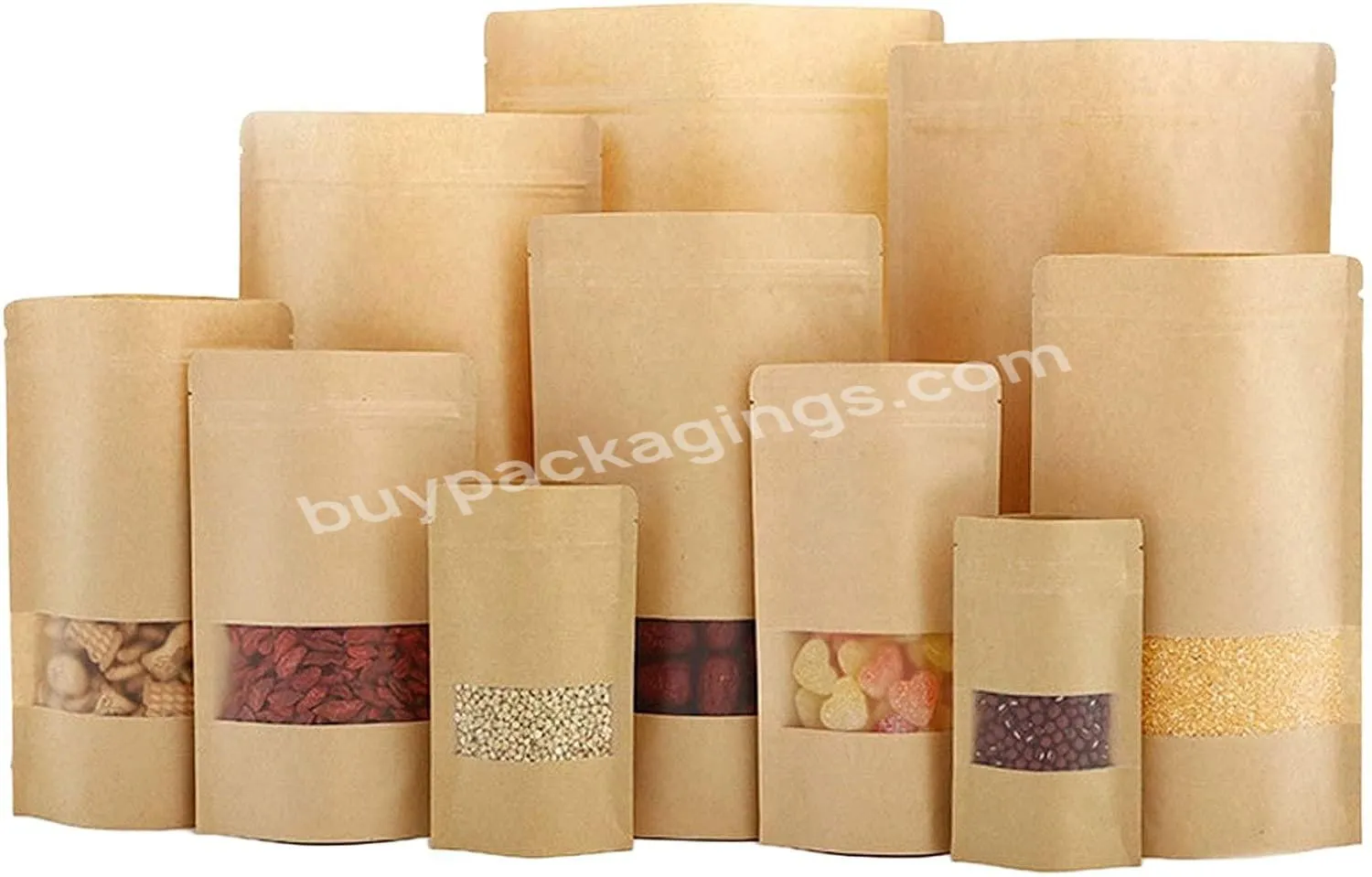 Kraft Paper Bag Reusable Sealing Zip Lock Food Pouch With Notch And Transparent Window For Storing Bread Cookie Candy Nuts