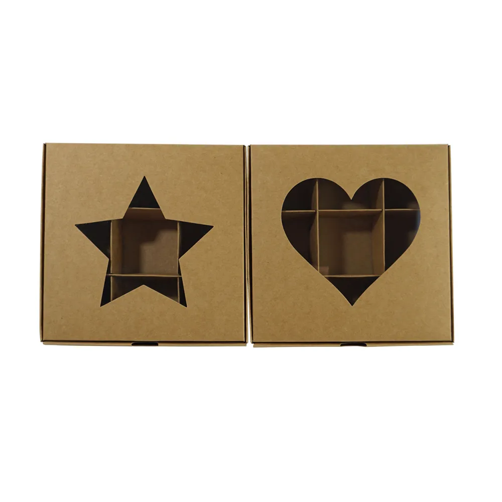 kraft paper love heart and star hollow paper tiny sweet candy wax melt cookie treat donut dessert window box with 9 grids insert