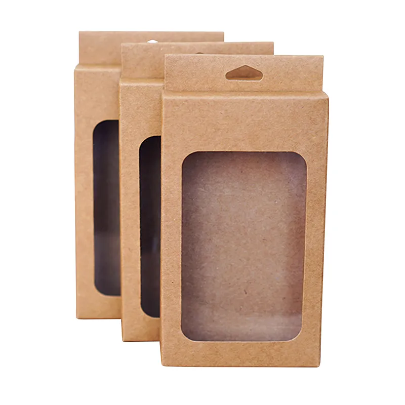 Kraft paper window gift box packaging mobile phone case usb data cable charger with hook hole can custom size and logo.