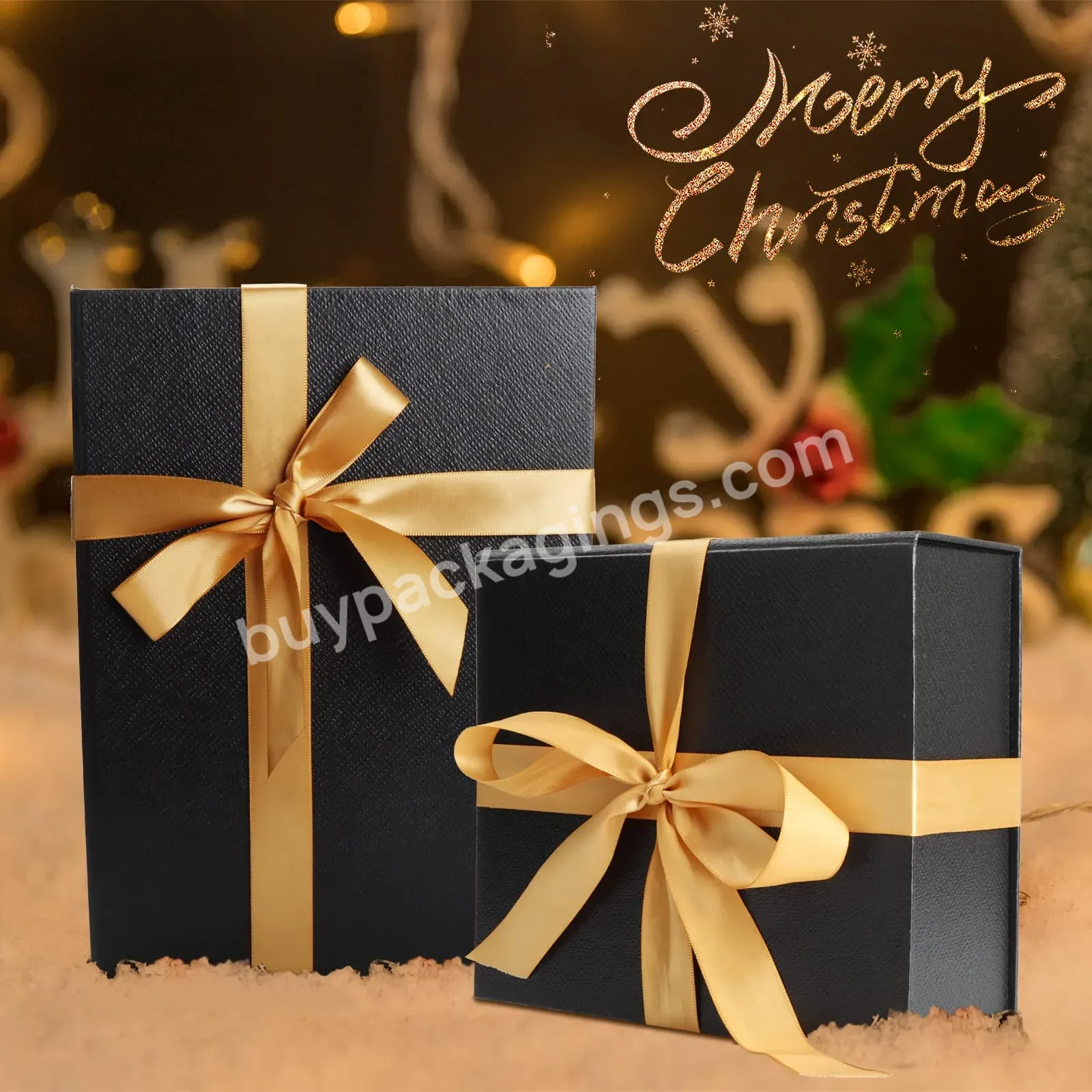 Large Luxury Custom Foldable Gift Magnetic Black Paper Cardboard Gift Box With Ribbon