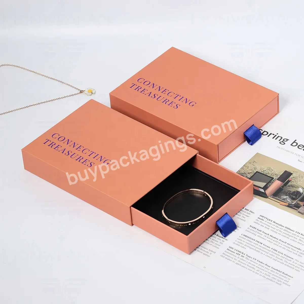 Latest Earring Ring Stainless Steel Jewelry Packaging Yellow Drawer Box For Custom Logo