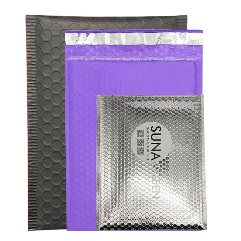 Low MOQ 10x13 Light Purple Lilac Blue Teal Foil Silver Envelope Metallic Customized Logo Design Printed Poly Bubble Mailer Bag