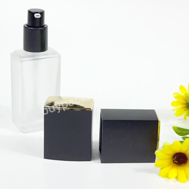 Low Moq Liquid Foundation Container Square Frosted 30ml Glass Cosmetic Powder Black Pump Bottle