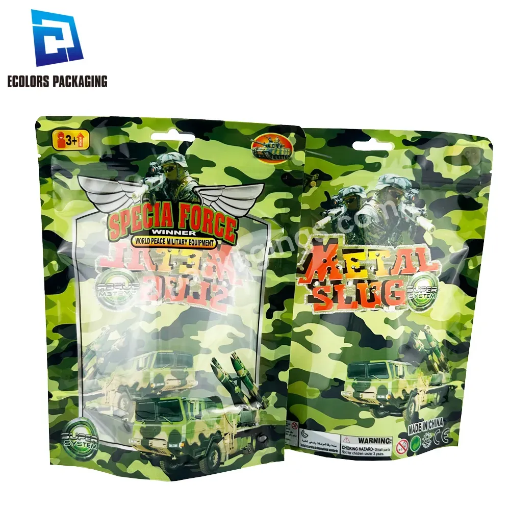 Low Moq Reclosable Ziplock Military Toys Packaging Custom Printing Doypack Stand Up Pouch Clear Mylar Bags With Eyelet Hole