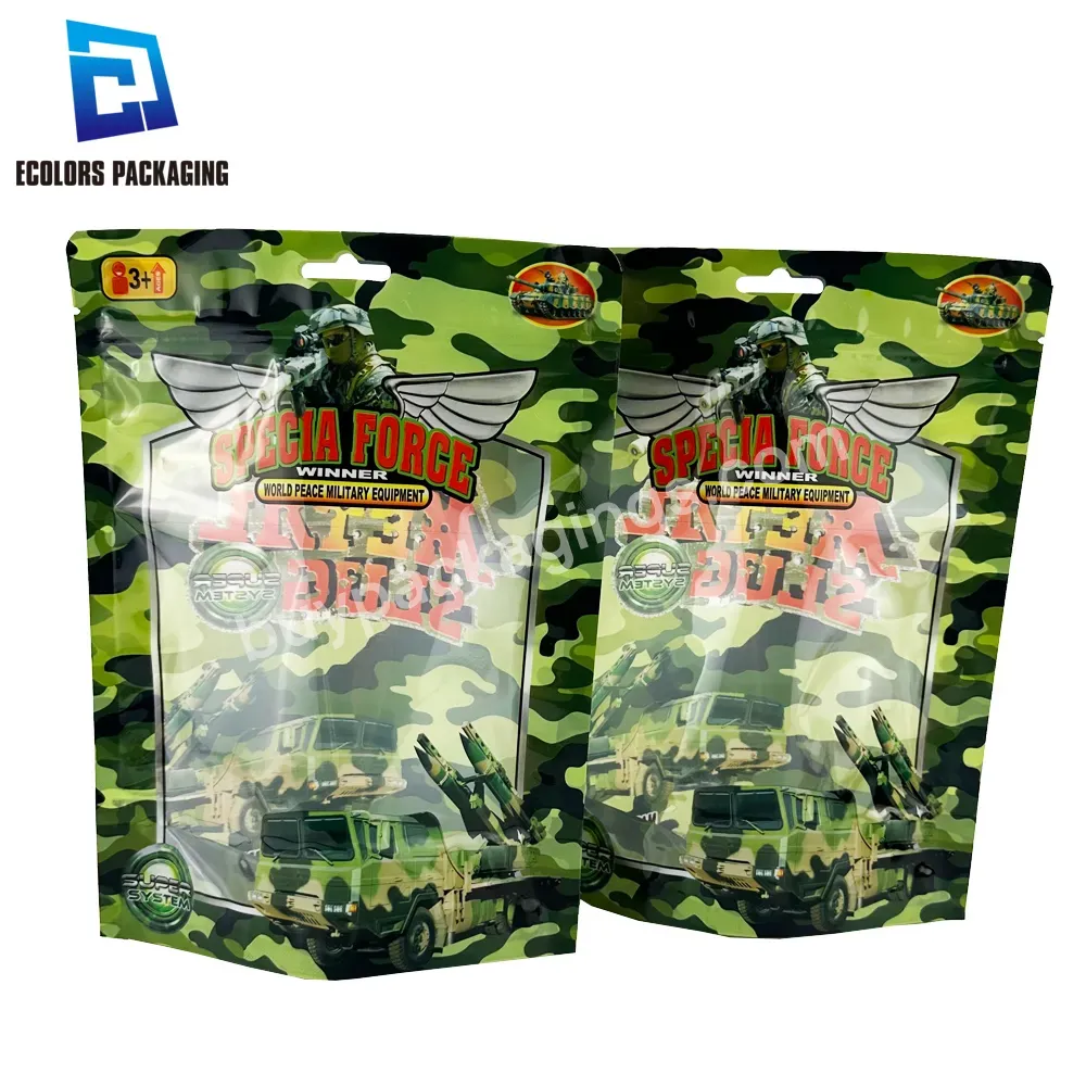 Low Moq Reclosable Ziplock Military Toys Packaging Custom Printing Doypack Stand Up Pouch Clear Mylar Bags With Eyelet Hole