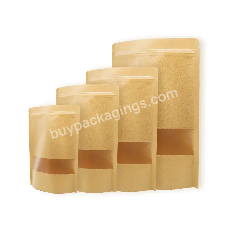 Low Moq Standing Up Pouches Brown Kraft Paper Food Packaging Bag With Window
