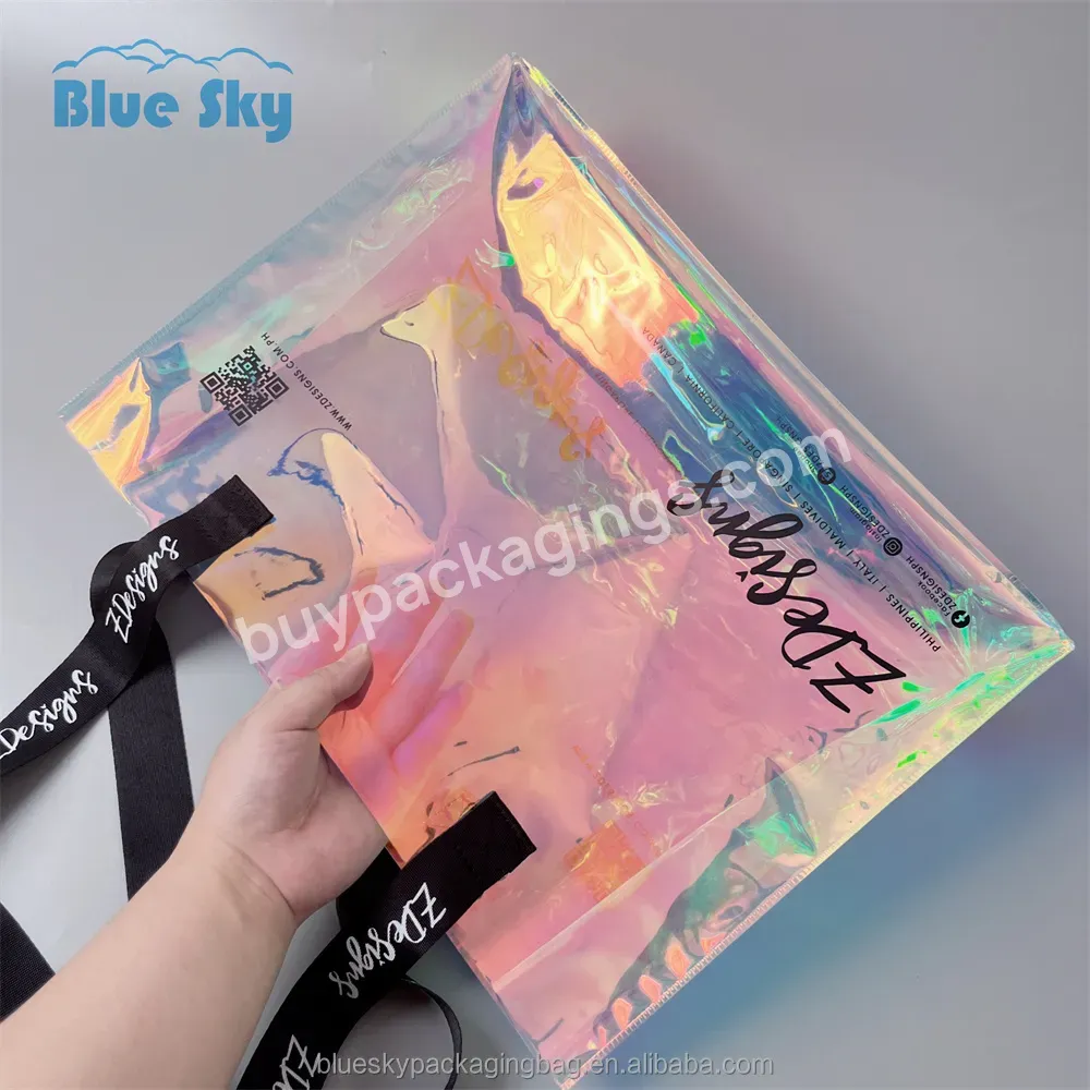 Low Price Custom Logo Luxury Waterproof Holographic Pvc Shopping Tote Bag Transparent Beach Bag With Thick Handle