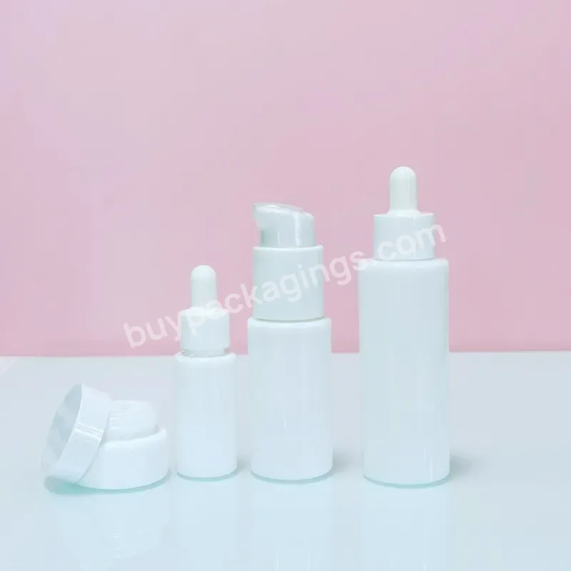 Luxury 15ml 30ml 50ml 50g Opal White Glass Lotion Bottle With Pump Cream Jar Cosmetic Packing Set