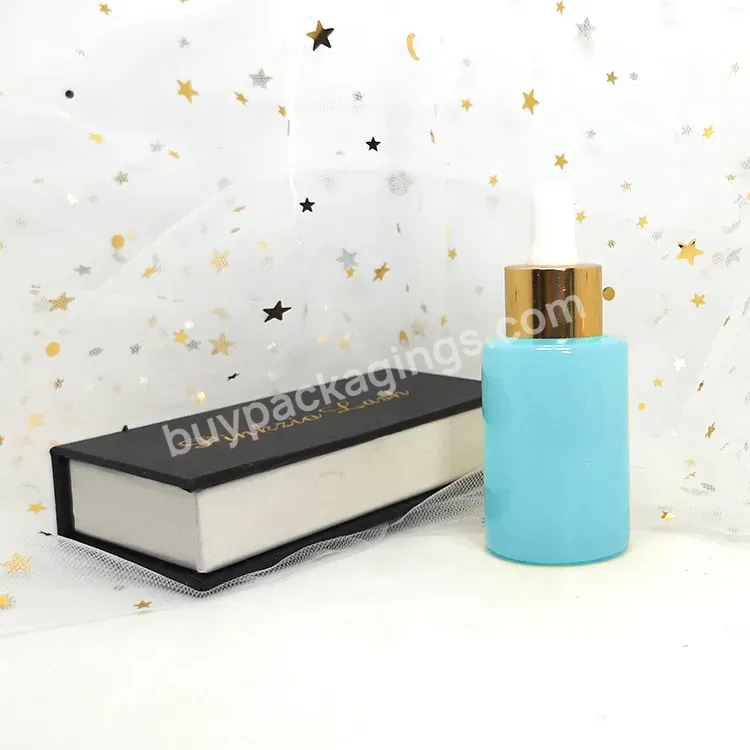 Luxury 1oz 30ml 50ml Black White Pink Blue Essential Oil Serum Bottle Glass Dropper Bottles With Cosmetic Packaging Paper Box