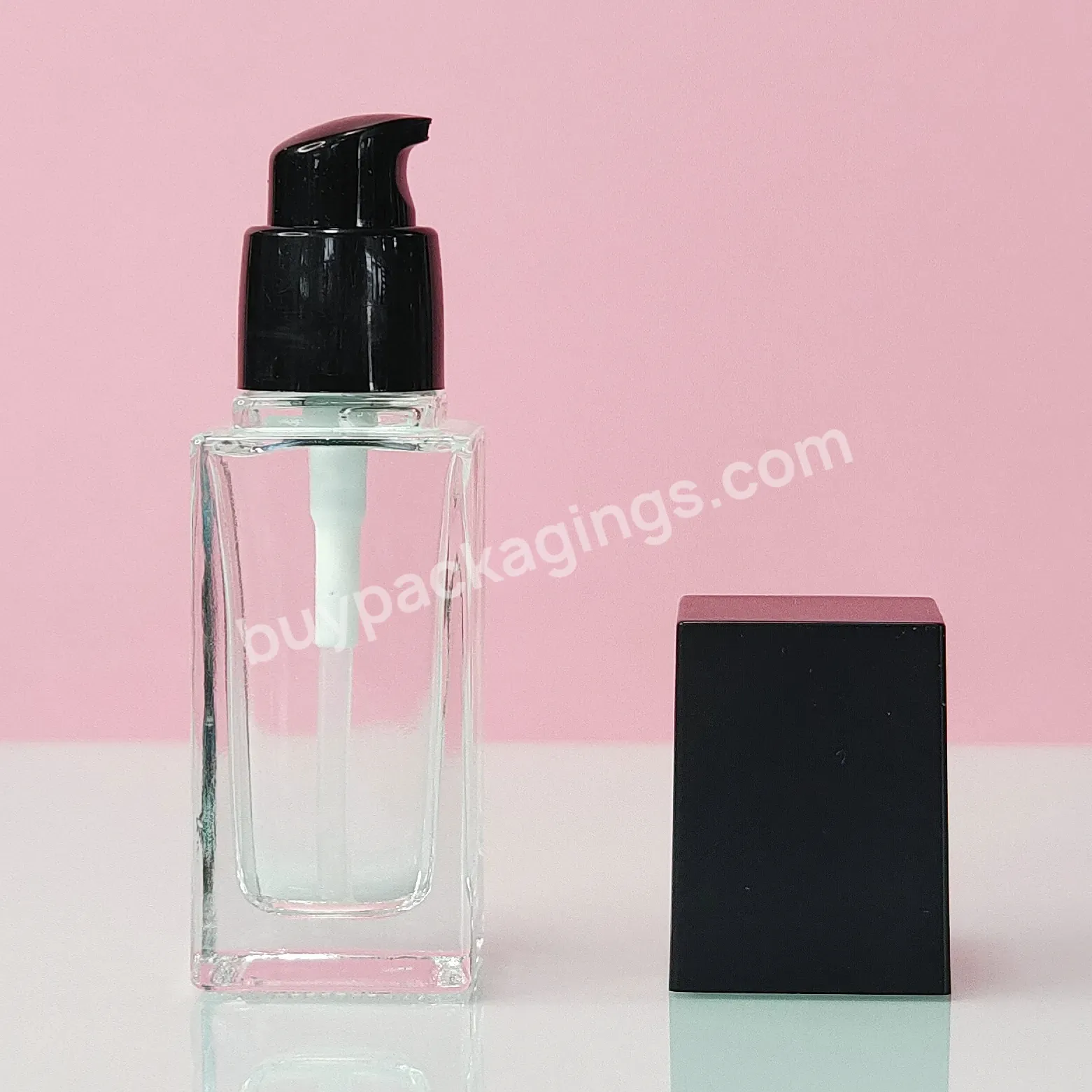 Luxury 30ml 1oz Square Clear Frosted Liquid Skincare Cosmetic Packaging Glass Liquid Foundation Bottle With Pump