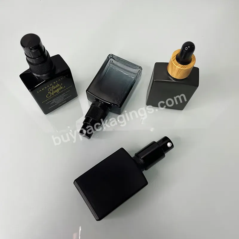 Luxury 30ml 1oz Wholesale Mouth Black Flat Shoulder Glass Bottle Essential Oil Square Clear Empty With Dropper Bottle