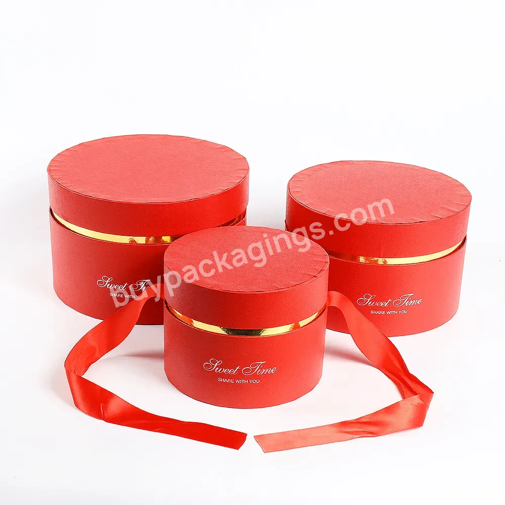 Luxury 3pcs/set Round Shaped Telescope Box Flower Gift Paper Boxes With Polyester Ribbon