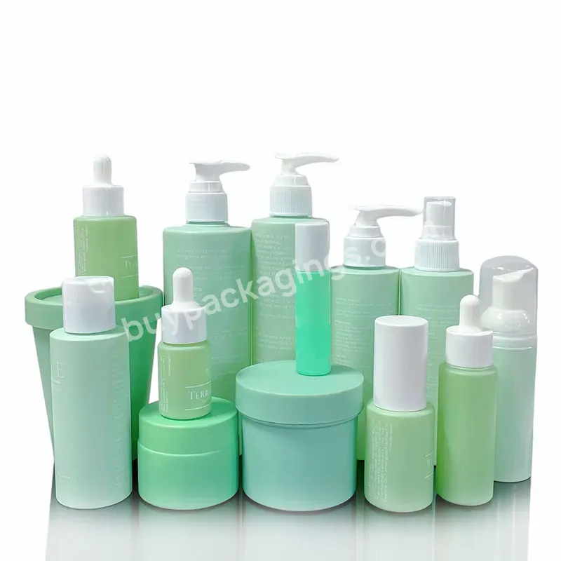 Luxury 50g 30ml 50ml 100ml Matte Green Empty Cosmetics Packaging Glass Face Cream Jar Pump Cosmetic Dropper Serum Bottle Sets