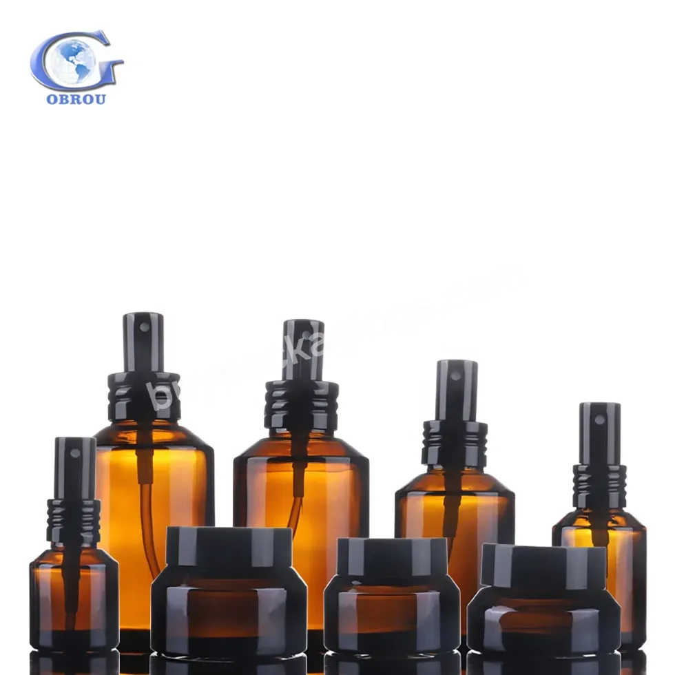 Luxury Amber Glass Packaging Set Skincare Cosmetic Cream Jar Containers 15ml 30ml Empty Lotion Glass Spray Bottle