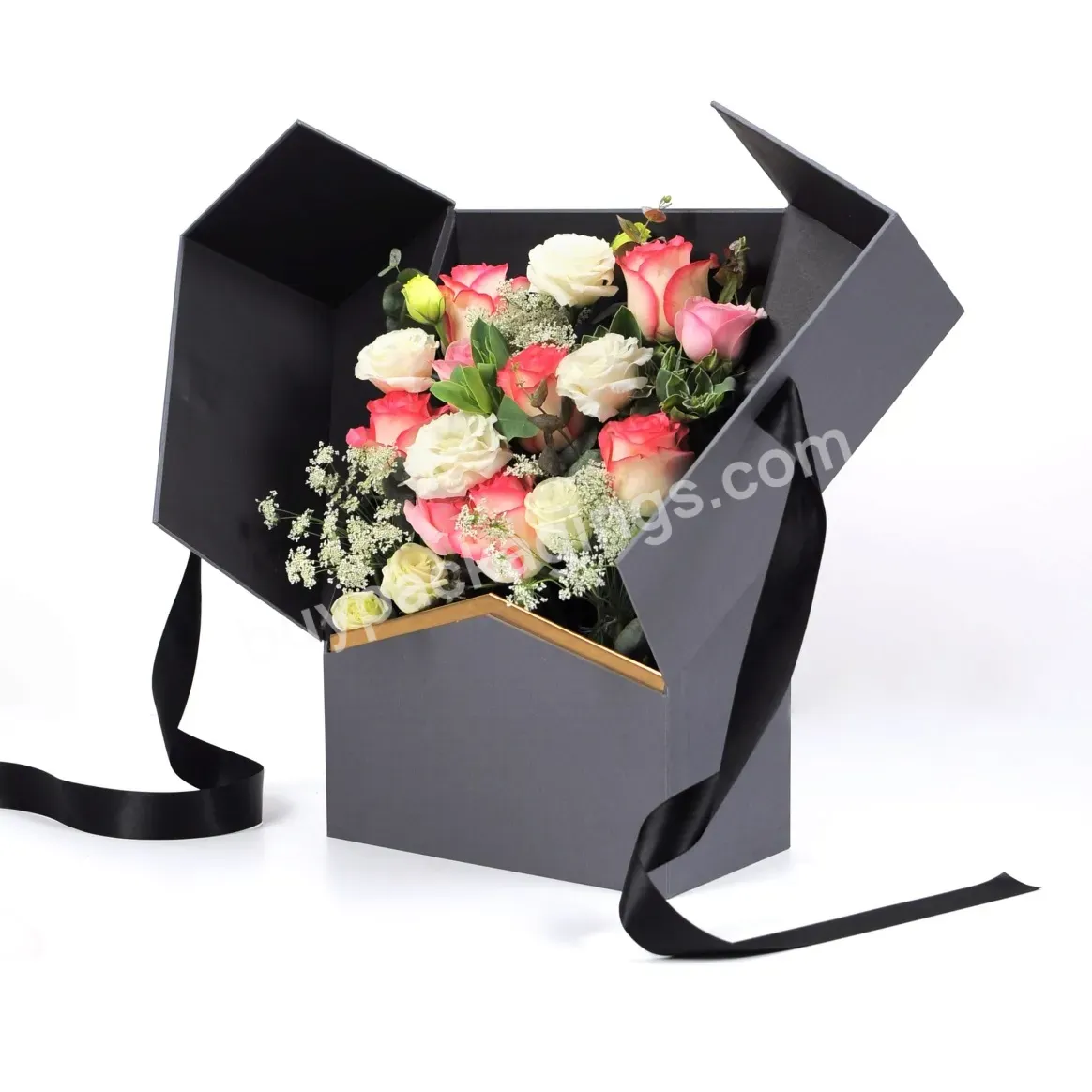 Luxury Bat Style Rose Flower Gift Box Rectangular Cardboard Packaging Box With Silk Handle Rope