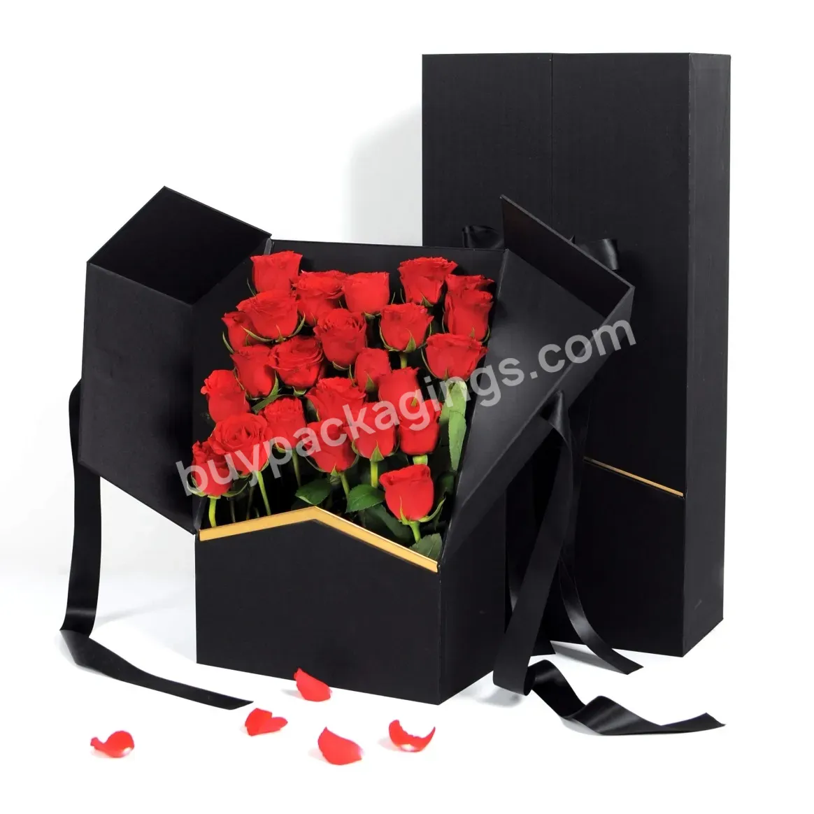 Luxury Bat Style Rose Flower Gift Box Rectangular Cardboard Packaging Box With Silk Handle Rope