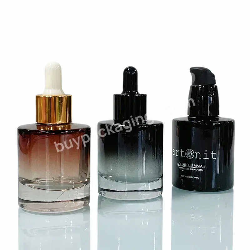 Luxury Black 30ml 50ml Flat Shoulder Round Serum Bottle Empty Thick Bottom 30 Ml Glass Essential Oil Bottle With Dropper