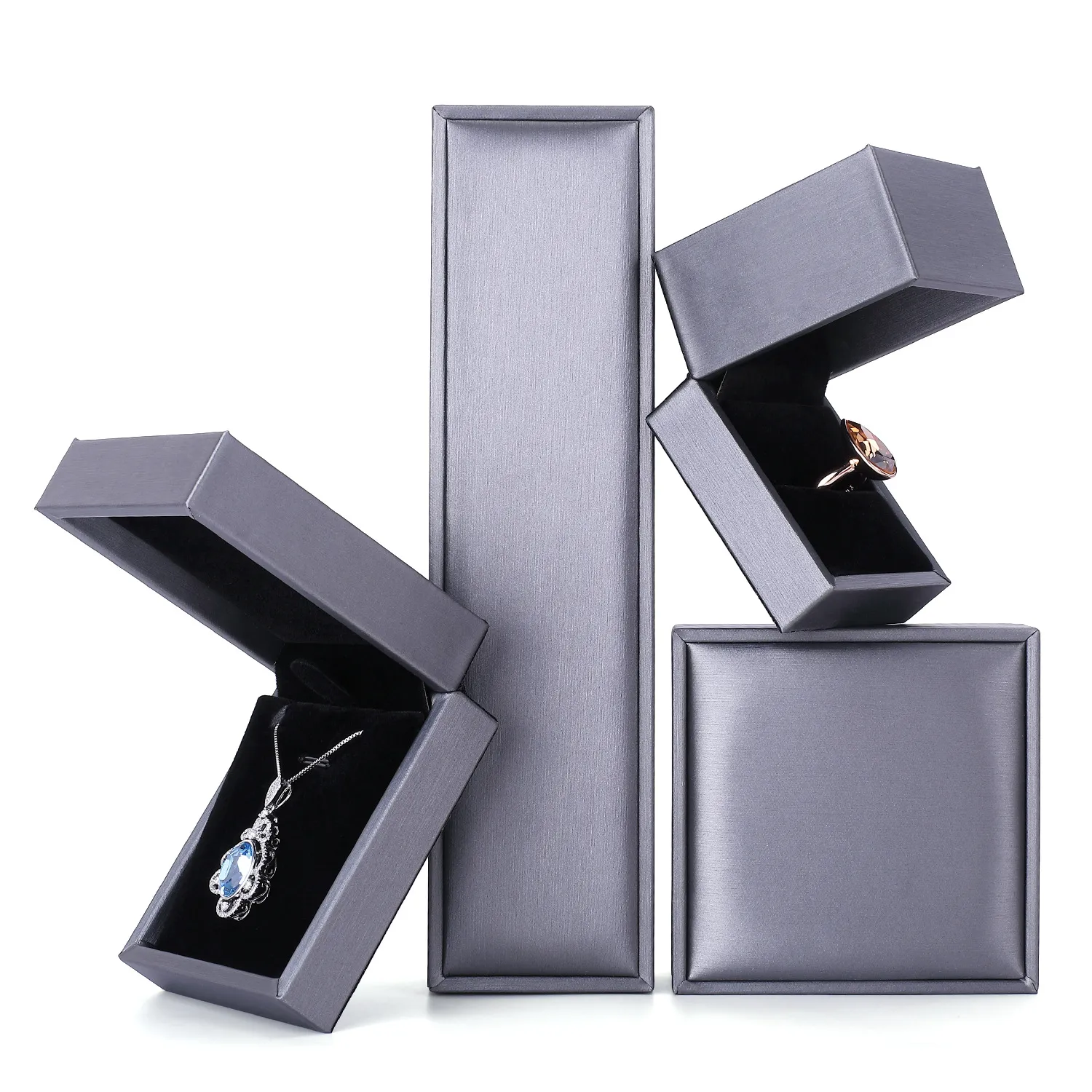 Luxury Black Grey Brushed PU Leather Ring Pendant Necklace Box Packaging Bracelet Customized Logo Printed Jewelry Box