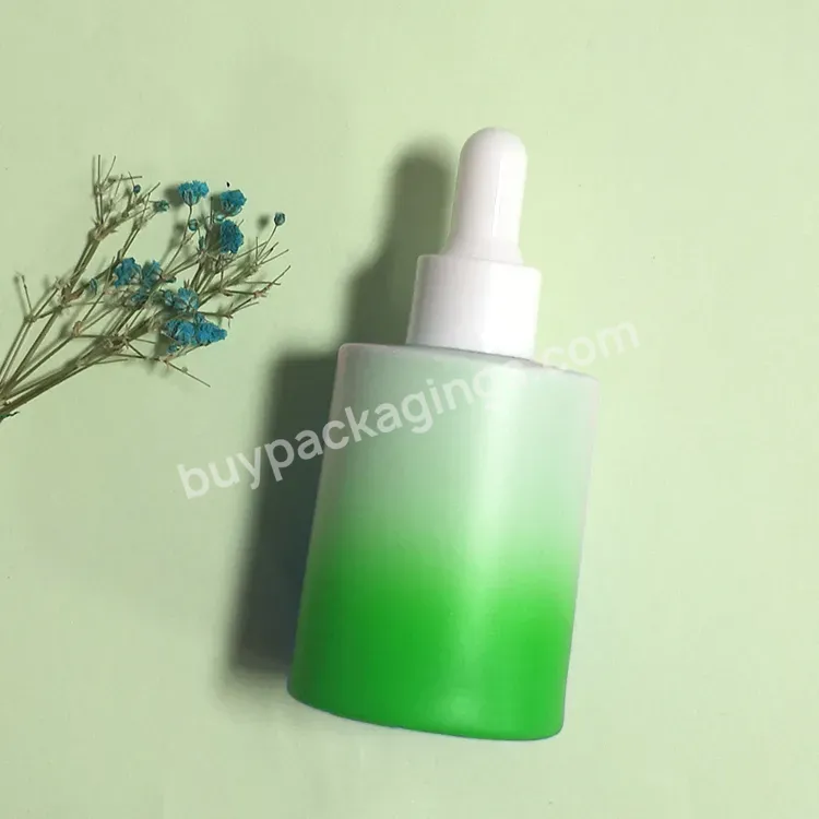 Luxury Cosmetic Serum Facial Oil Packaging 30 Ml Thick Bottom Matte Gradient Green Glass Bottle 1oz With Dropper Caps