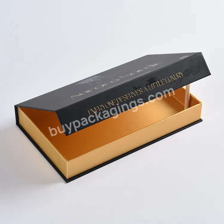 Luxury Custom Black Magnetic Gift Box With Gold Stamping And Gold Lining With Magnetic Lid