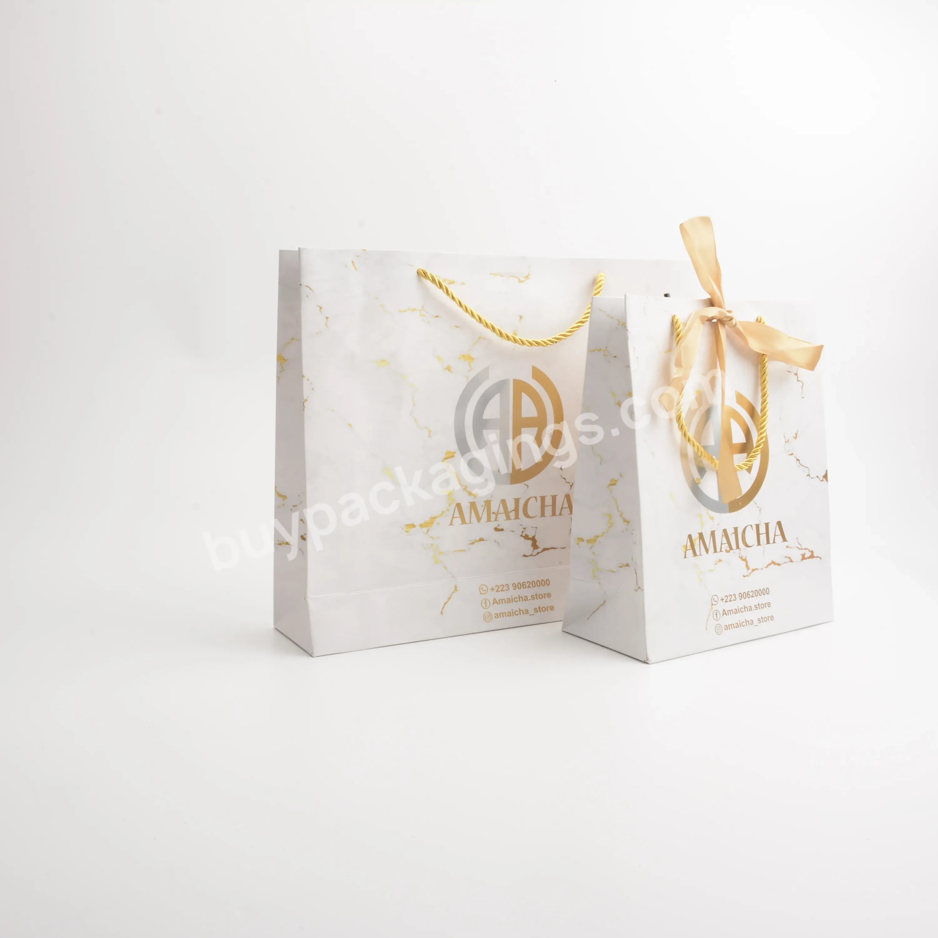 Luxury Custom Logo Gold Foil Printed White Cloth Paper Packaging Bag With Handle