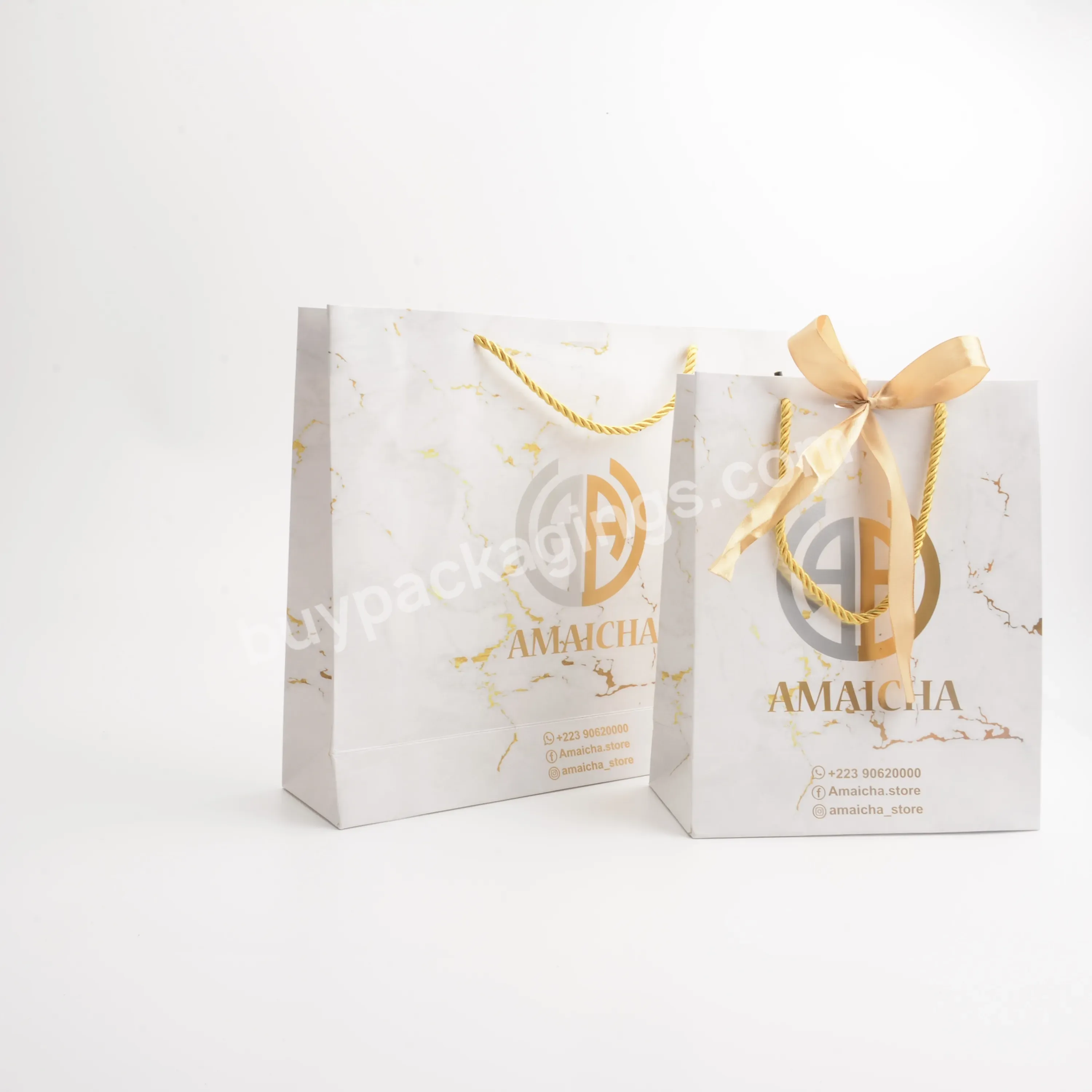Luxury Custom Logo Gold Foil Printed White Cloth Paper Packaging Bag With Handle