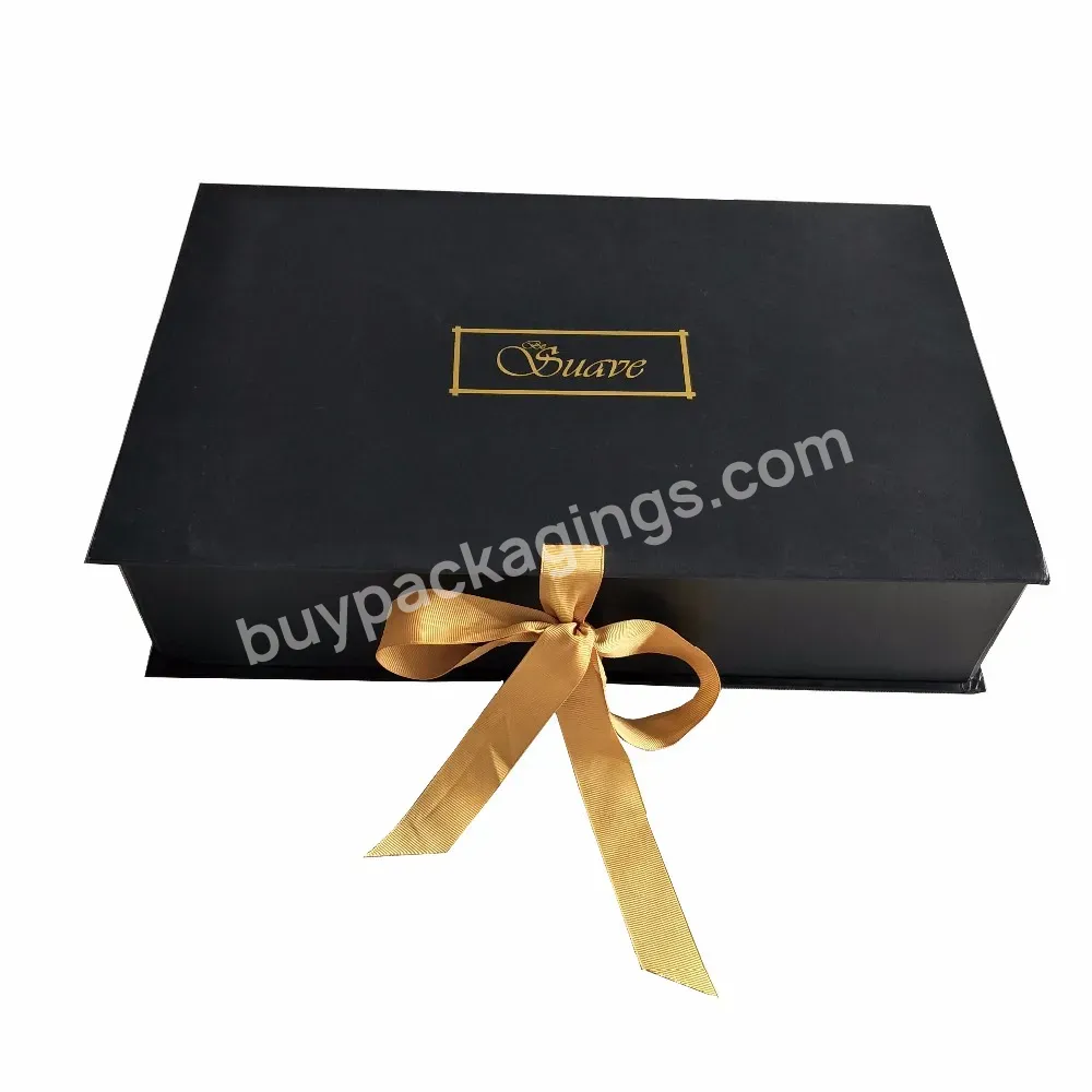 Luxury Custom Logo Matte Black Folding Clothing Packaging For Garments Ribbon Handle Rectangular Paper Gift Box