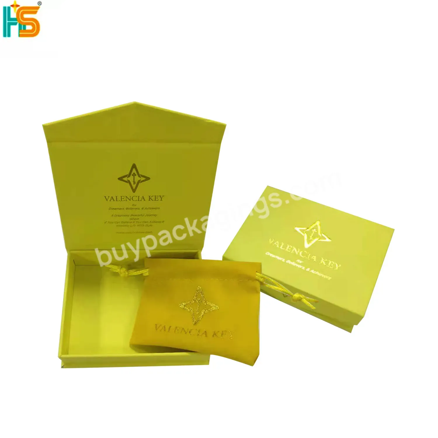Luxury Custom Logo Necklace Ring Rigid Boxes Packaging Small Yellow Magnetic Gift Velvet Bag And Box For Jewelry