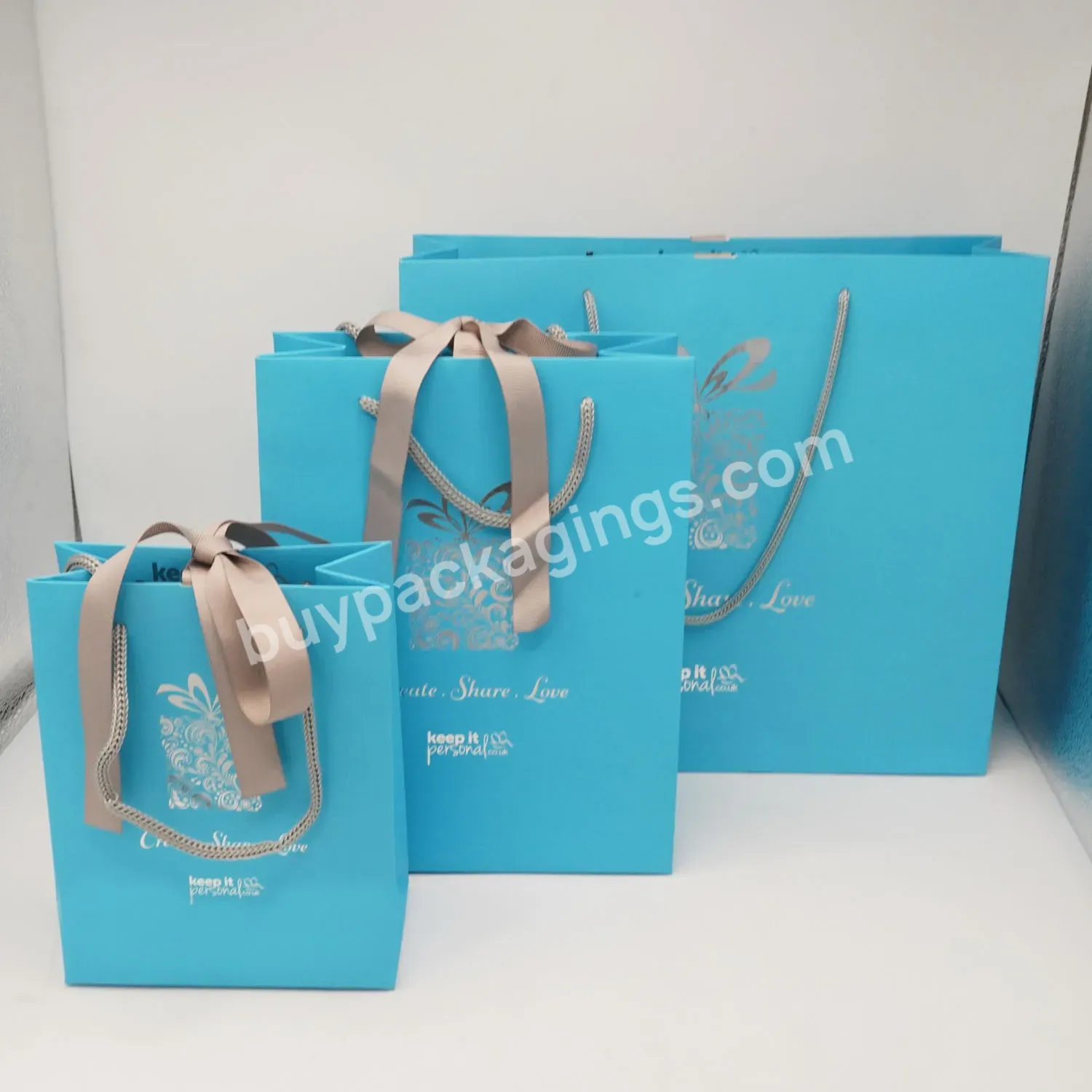 Luxury Custom Own Logo Paper Shopping Bag Packaging Blue Gift Bag With Ribbon Handle