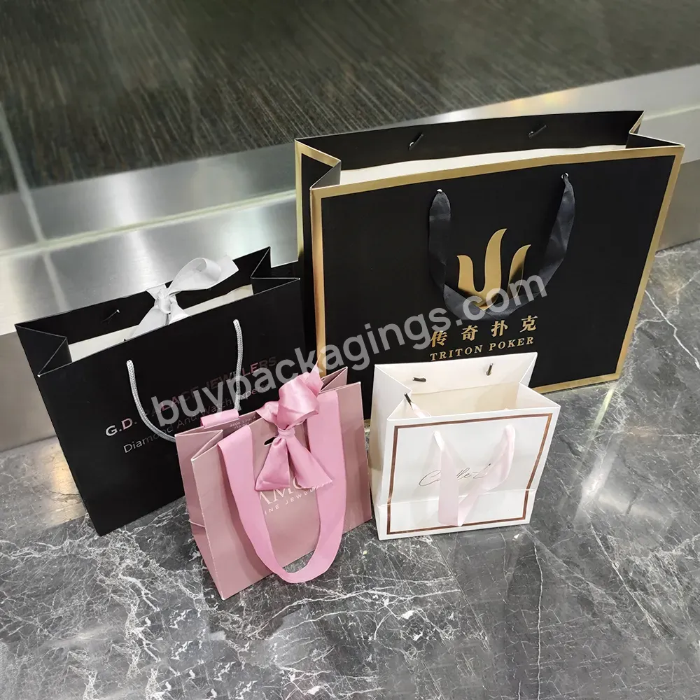 Luxury Custom Print Logo Gift Retail Store Jewelry Clothing Packaging Carry Paper Shopping Bags With Bow Tie Ribbon Handle