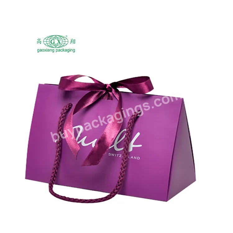 Luxury Custom Printed Purple Full Logo Printed Cardboard Paper Pouch Bag With Ribbon Bowknot Handle For Gifts Shopping Boxes