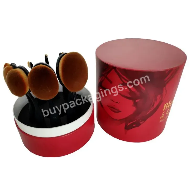 Luxury Custom Rigid Cardboard Red Round Tube Packaging For Makeup Brush Set Gift Box