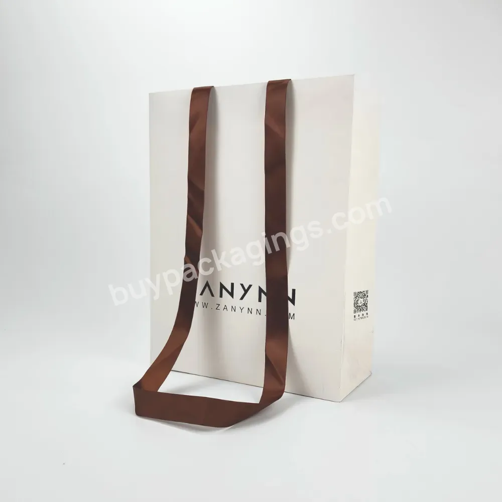 Luxury Eco-friendly Craft White Paper Bag With Long Ribbon Handle With Your Own Logo For Shop