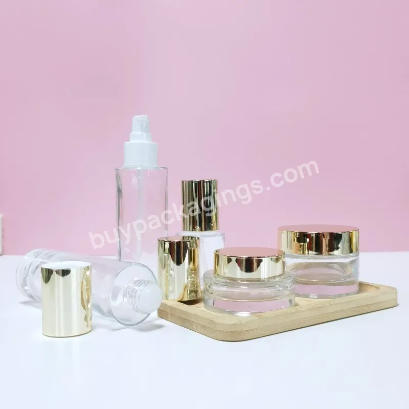 Luxury Eco Friendly Skincare Packaging Toner Lotion Bottle Facial Cream Jar Glass Transparent Cosmetic Bottle Set