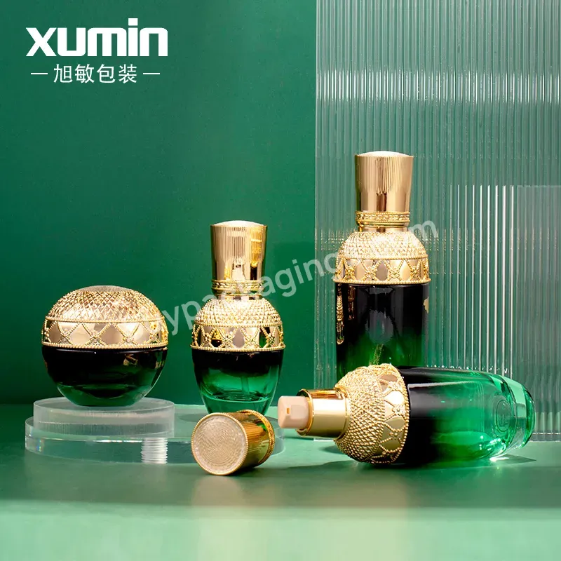 Luxury Elegant Green Glass Packaging Set Skincare Cosmetic Cream Jar Containers Empty Lotion Glass Pump Bottle