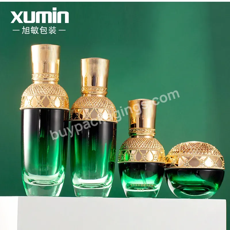 Luxury Elegant Green Glass Packaging Set Skincare Cosmetic Cream Jar Containers Empty Lotion Glass Pump Bottle