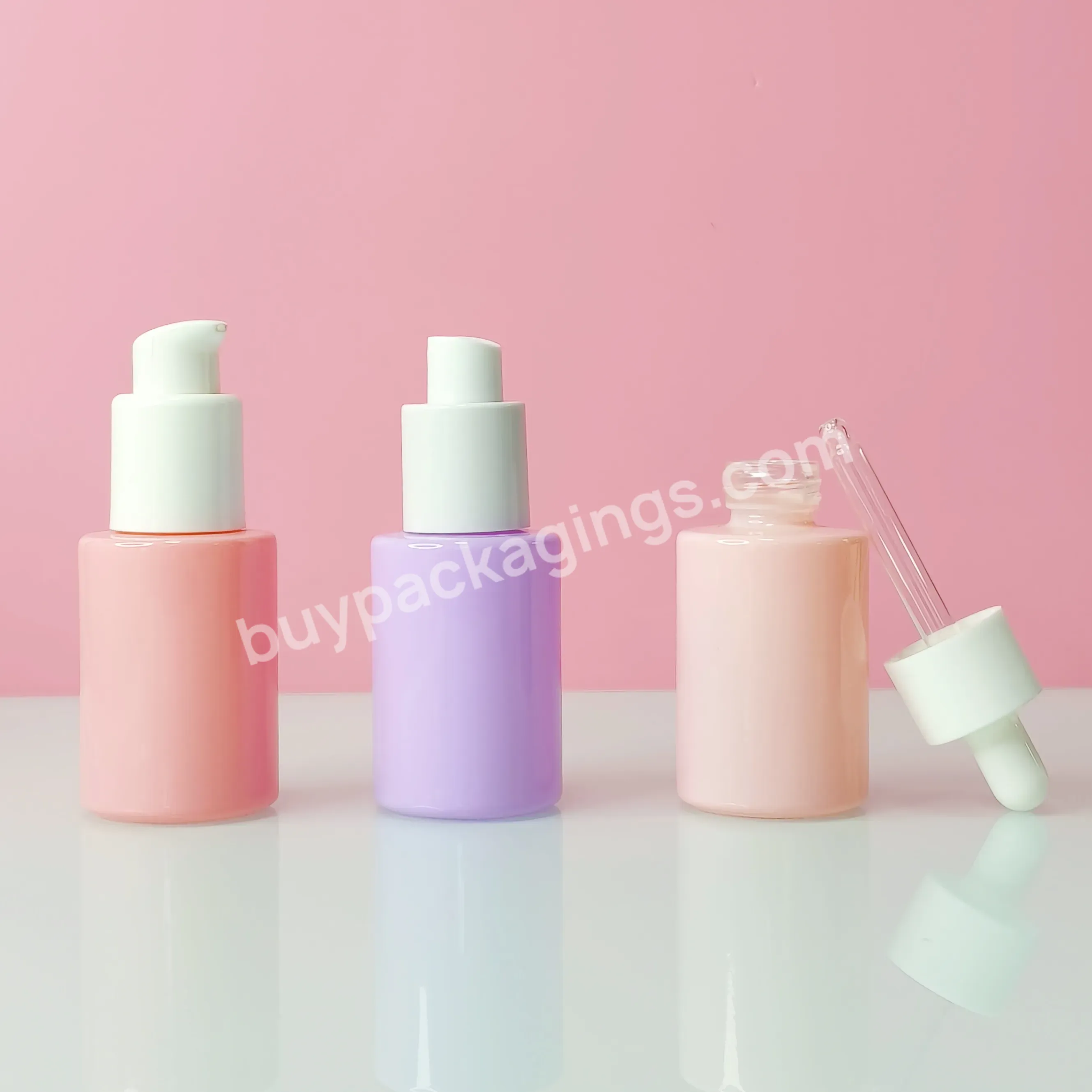 Luxury Empty Custom Printing 1oz 30ml 50ml Pink Purple Lotion Eye Cream Skincare Flat Shoulder Glass Bottle