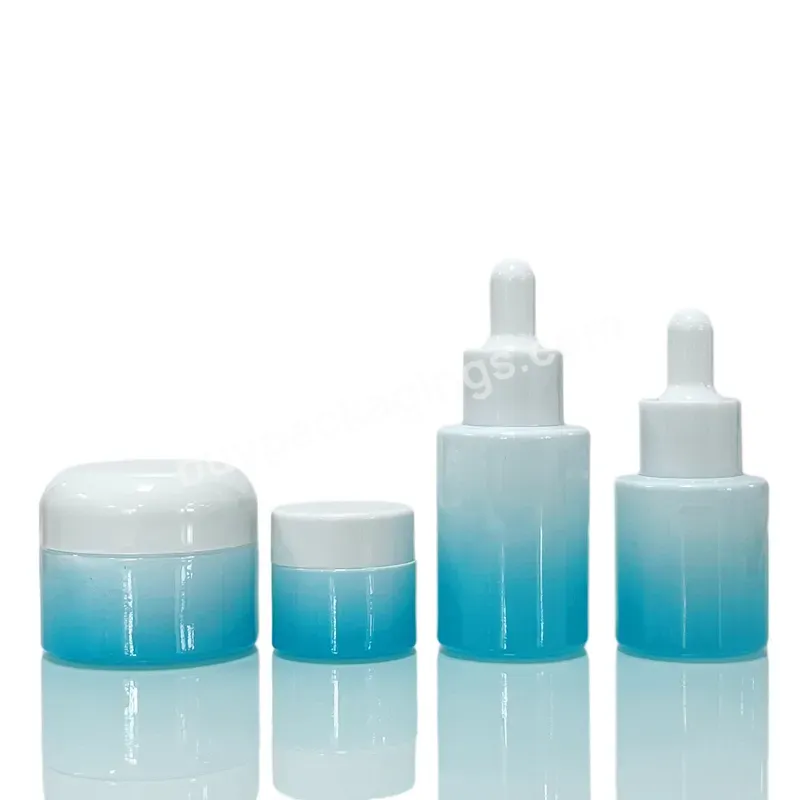 Luxury Essential Oil Packaging 20ml 30ml 50ml Gradient White Blue Color Cosmetic Eye Serum Glass Dropper Bottle