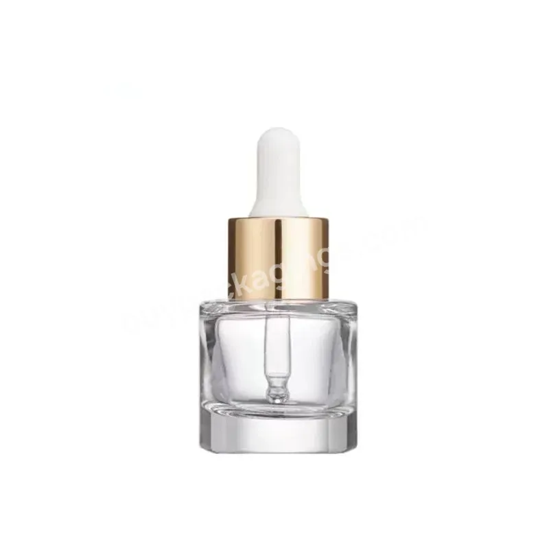 Luxury Flat Round Glass Serum Essential Oil Dropper Bottle 15ml Translucent Glass Bottle With Gold Dropper Wholesale