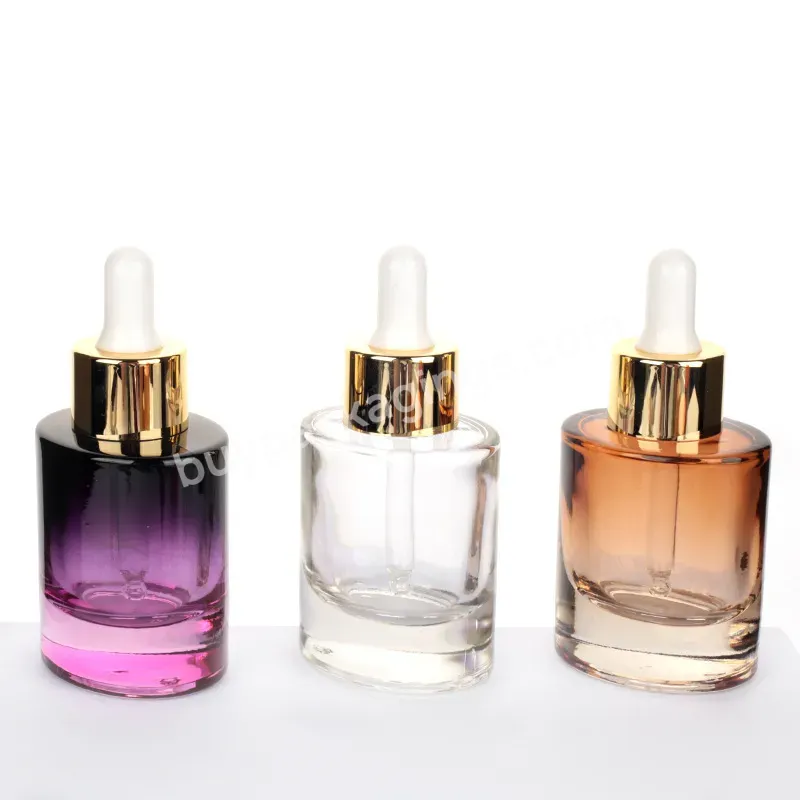 Luxury Flat Round Glass Serum Essential Oil Dropper Bottle 30ml Custom Glass Bottle With Black Dropper Wholesale