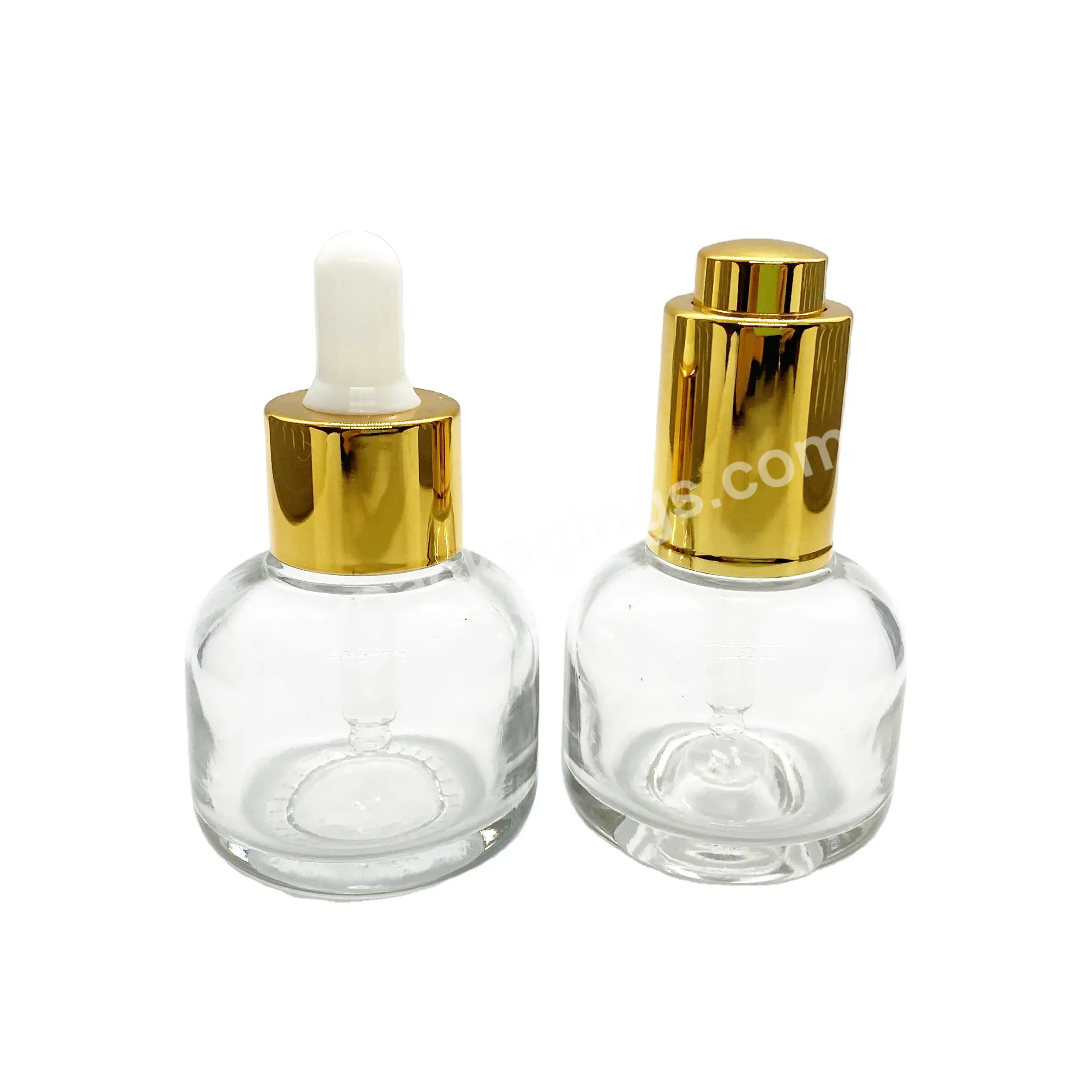 Luxury Flat Round Glass Serum Essential Oil Dropper Bottle 30ml Translucent Glass Bottle With Gold Dropper Manufact