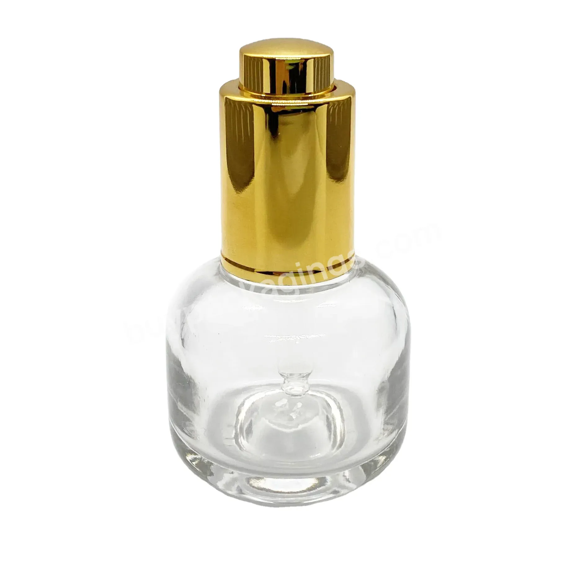 Luxury Flat Round Glass Serum Essential Oil Dropper Bottle 30ml Translucent Glass Bottle With Gold Dropper Manufact