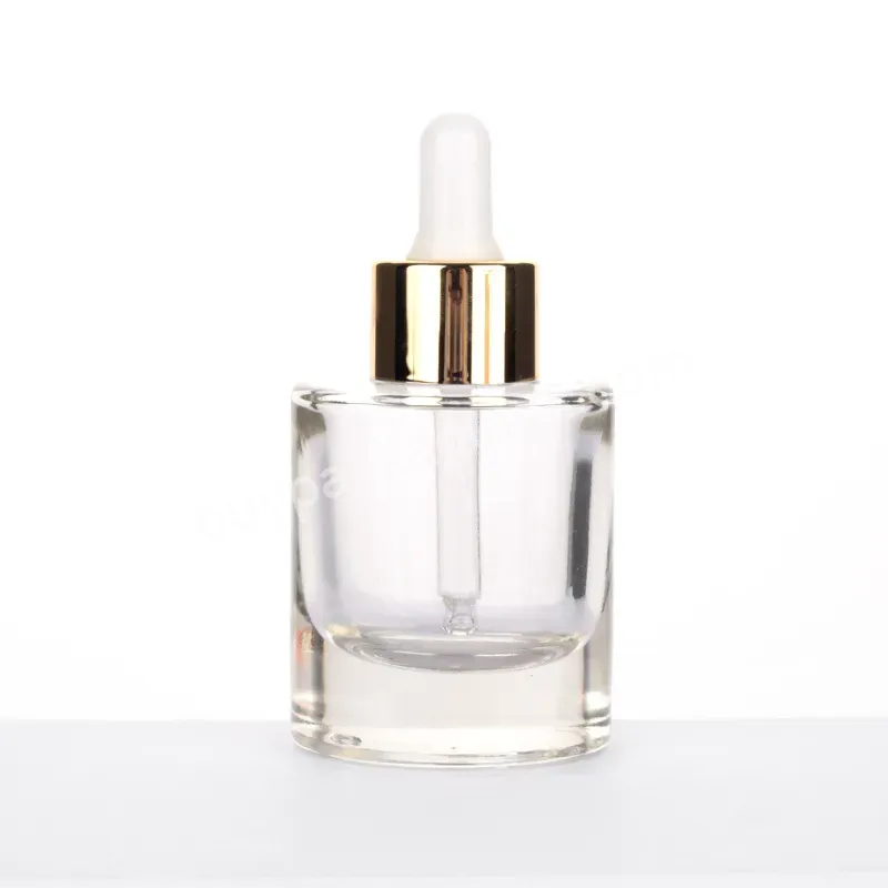 Luxury Flat Round Glass Serum Essential Oil Dropper Bottle 30ml Translucent Glass Bottle With Gold Dropper Wholesale