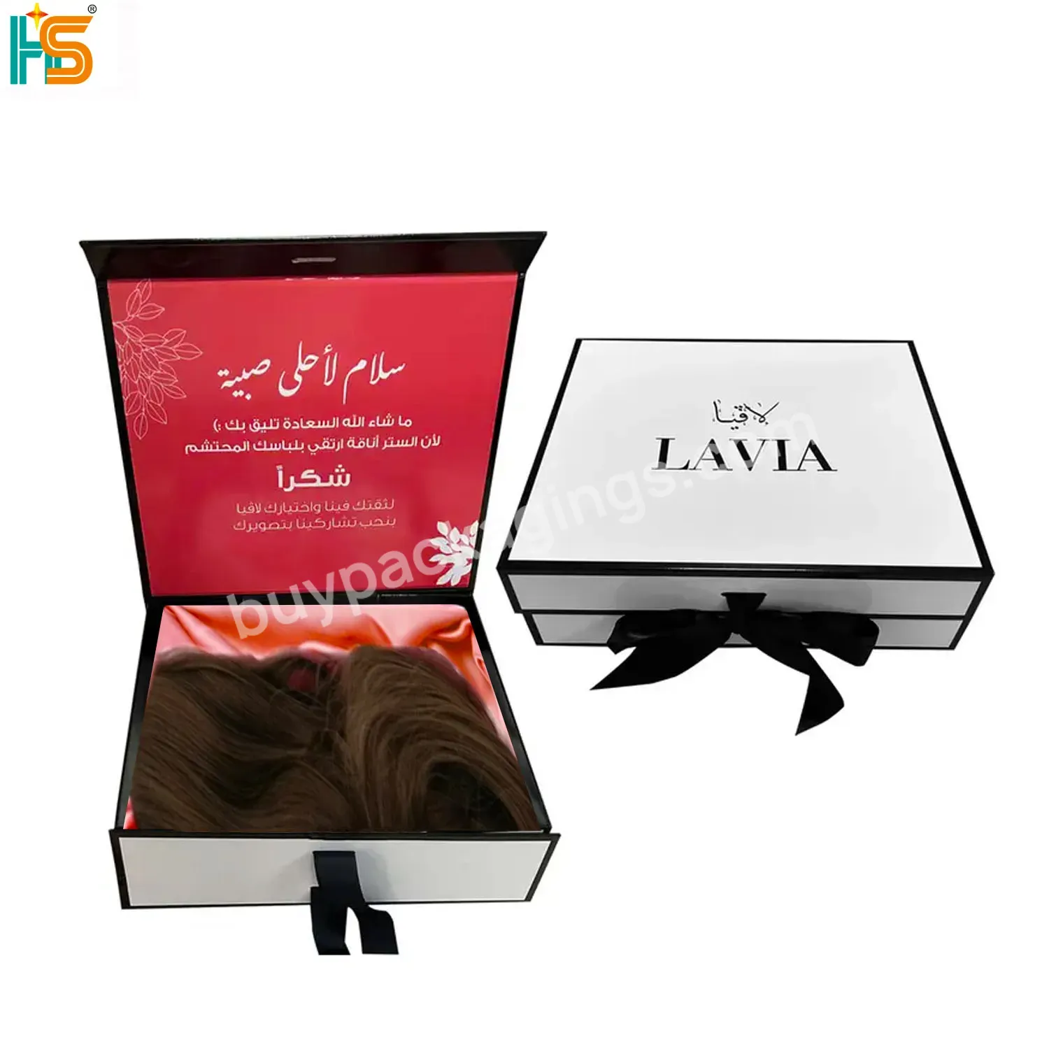 Luxury Gift Cardboard Custom Logo Magnetic Box Hair Extension Wig Box Packaging With Satin Silk Insert And Ribbon