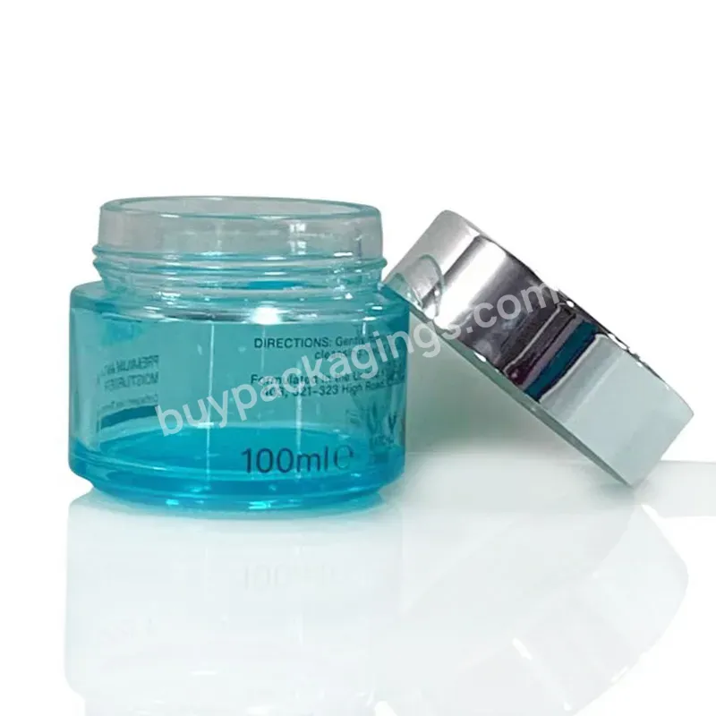 Luxury Glass Cosmetic Empty Cream Packaging 100g 200g Clear Blue Body Scrub Jars Cosmetic Container Jar With Silver Metal Lids