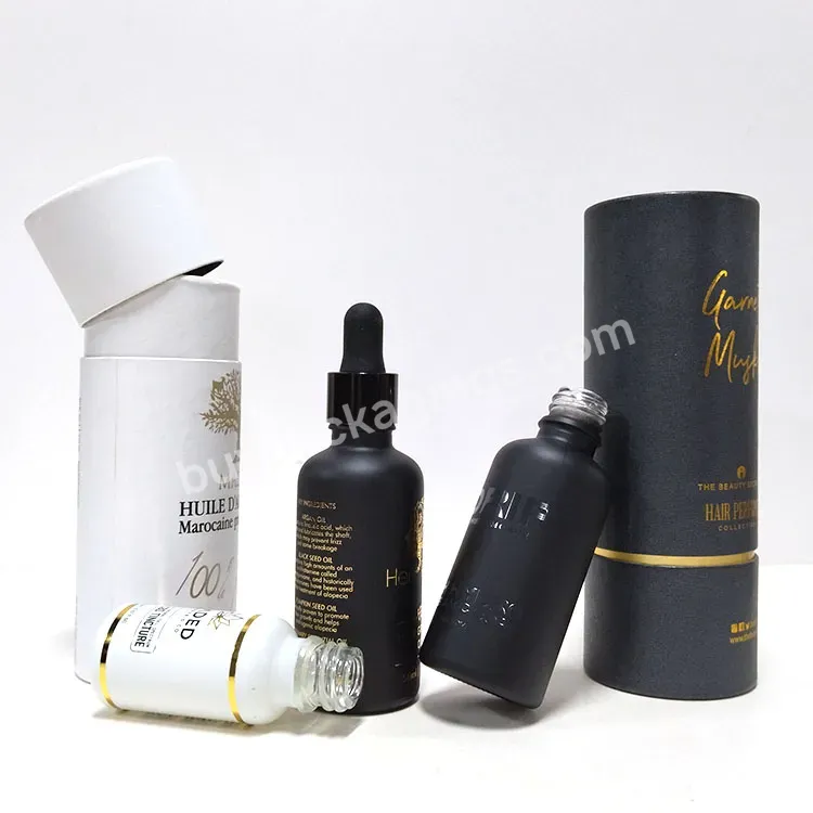 Luxury Gold Hot Stamping 100ml 50ml 30ml Matte Black White Glass Dropper Bottle With Paper Tube Packaging