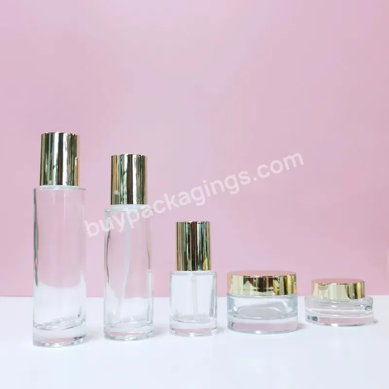 Luxury Gold Skincare Packaging Glass Face Cream Jar And Bottle Set 120ml 150ml 30g 50g Lotion Transparent Cosmetic Glass Bottle