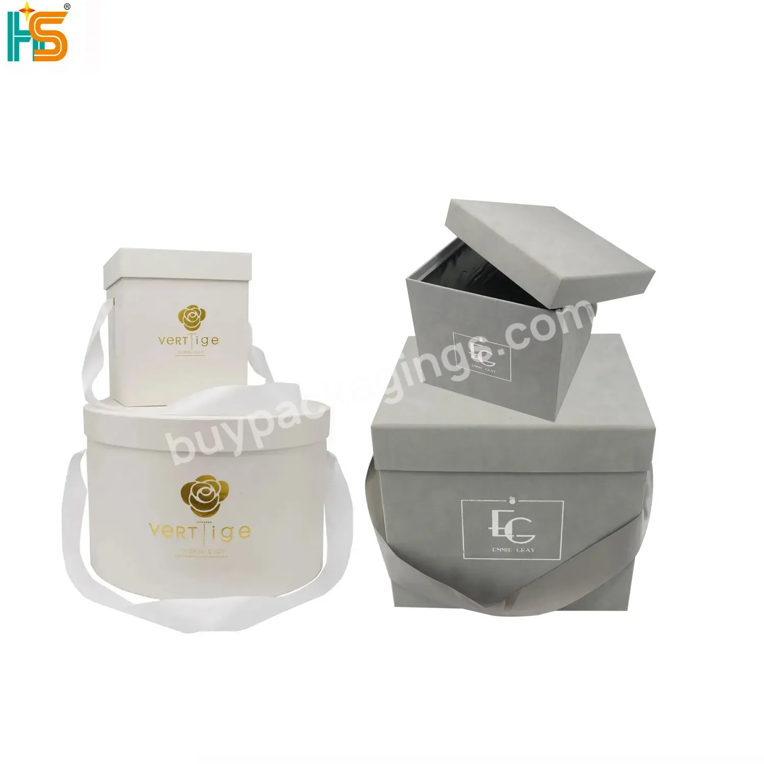 Luxury Gold Stamp Logo White Paper Lid Gift Box Custom Large Grey Velvet Square Packcaging Box With Ribbon Handle