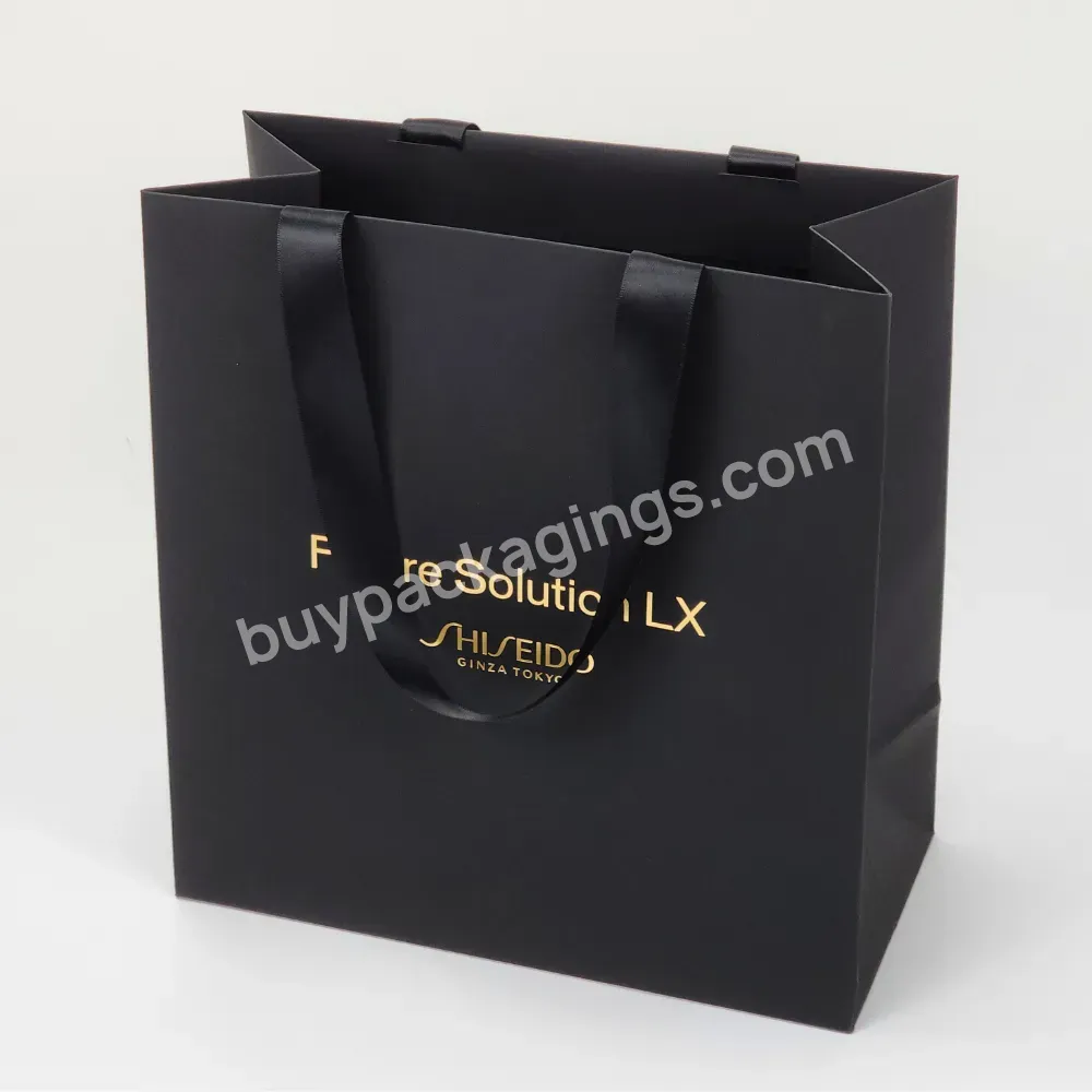 Luxury Gold Stamping Custom Logo Recycle Eco-friendly Paper Shopping Gift Bag With Ribbon