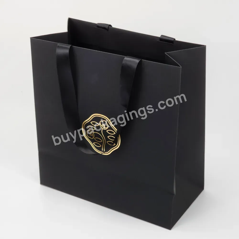 Luxury Gold Stamping Custom Logo Recycle Eco-friendly Paper Shopping Gift Bag With Ribbon